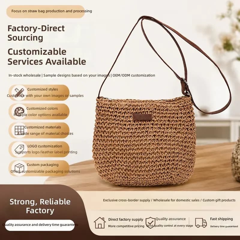 Women's large-capacity hand-woven paper rope messenger bag with zipper versatile beach vacation bag