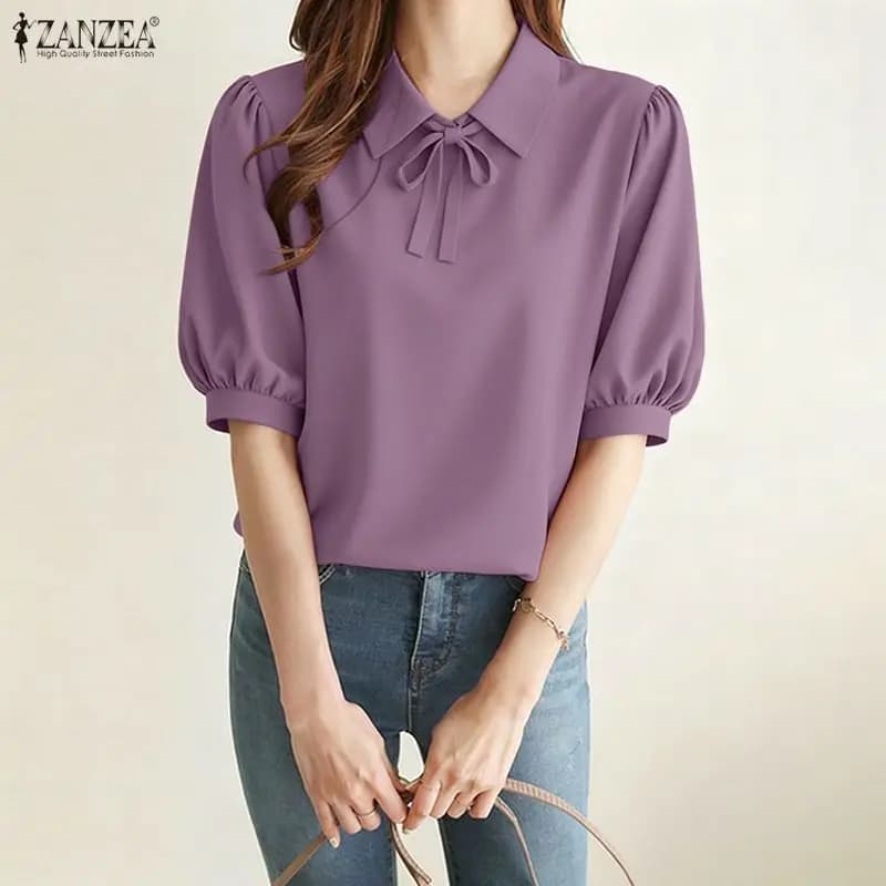 2026 ZANZEA Camicetta Estiva Tinta Unita da Donna Elegante Camicia da Lavoro OL con Colletto a Risvolto Maniche Corte Top Casual con Laccetti Tunica per Vacanze
