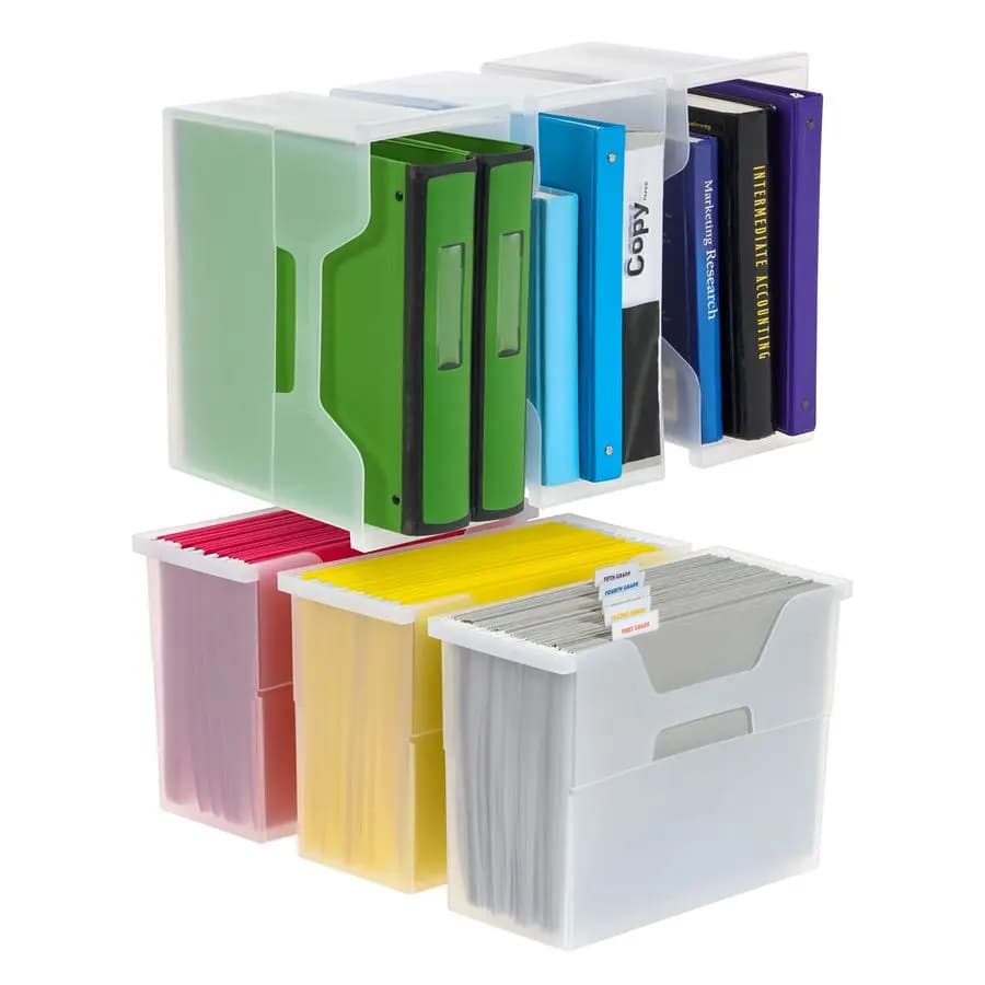 Scatola portadocumenti da scrivania portatile media con coperchio apribile, confezione da 6, maniglie laterali, cartelle appendibili, linguette e inserti, formato Letter, Magaz