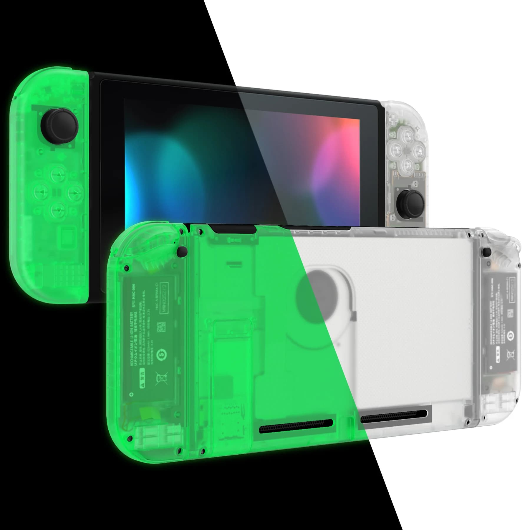 eXtremeRate Custodia fai da te con pulsanti per Nintendo Switch - Glow in Dark - Verde