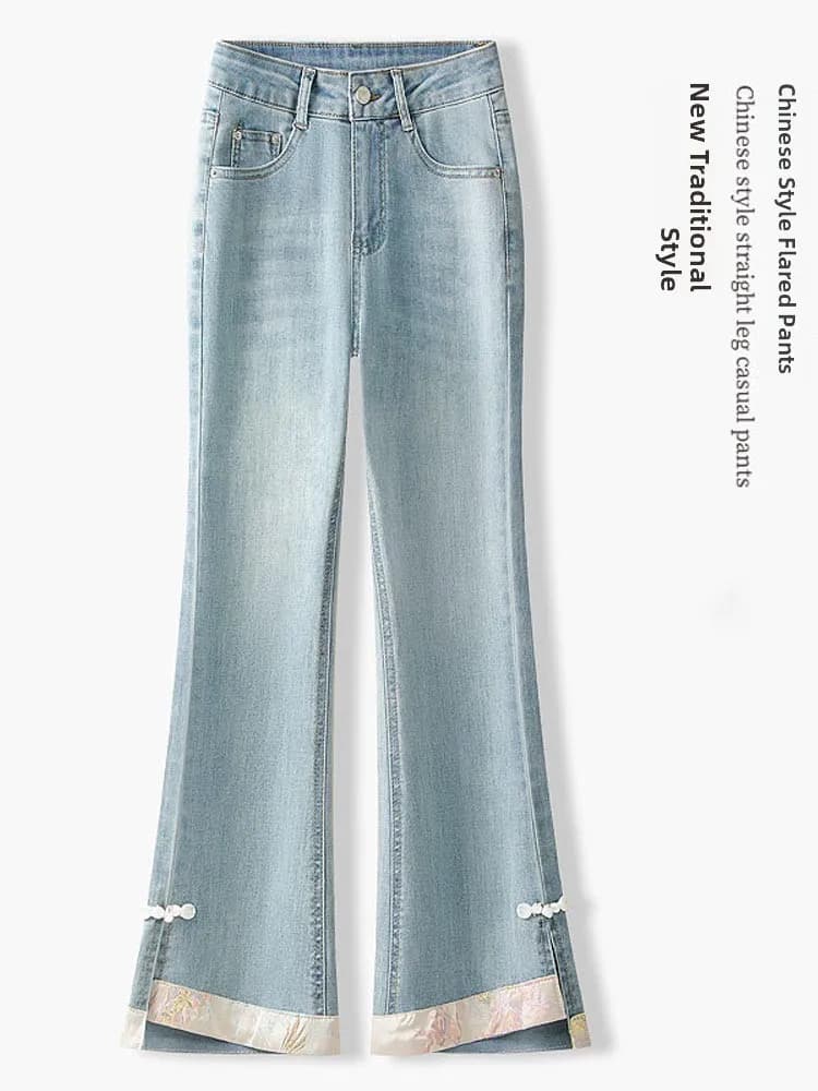 Jeans Estivi Sottili a Micro Campana da Donna, Nuovo Stile Cinese, Pantaloni a Nove Punti, Vita Alta, in Misto Cotone Poliestere
