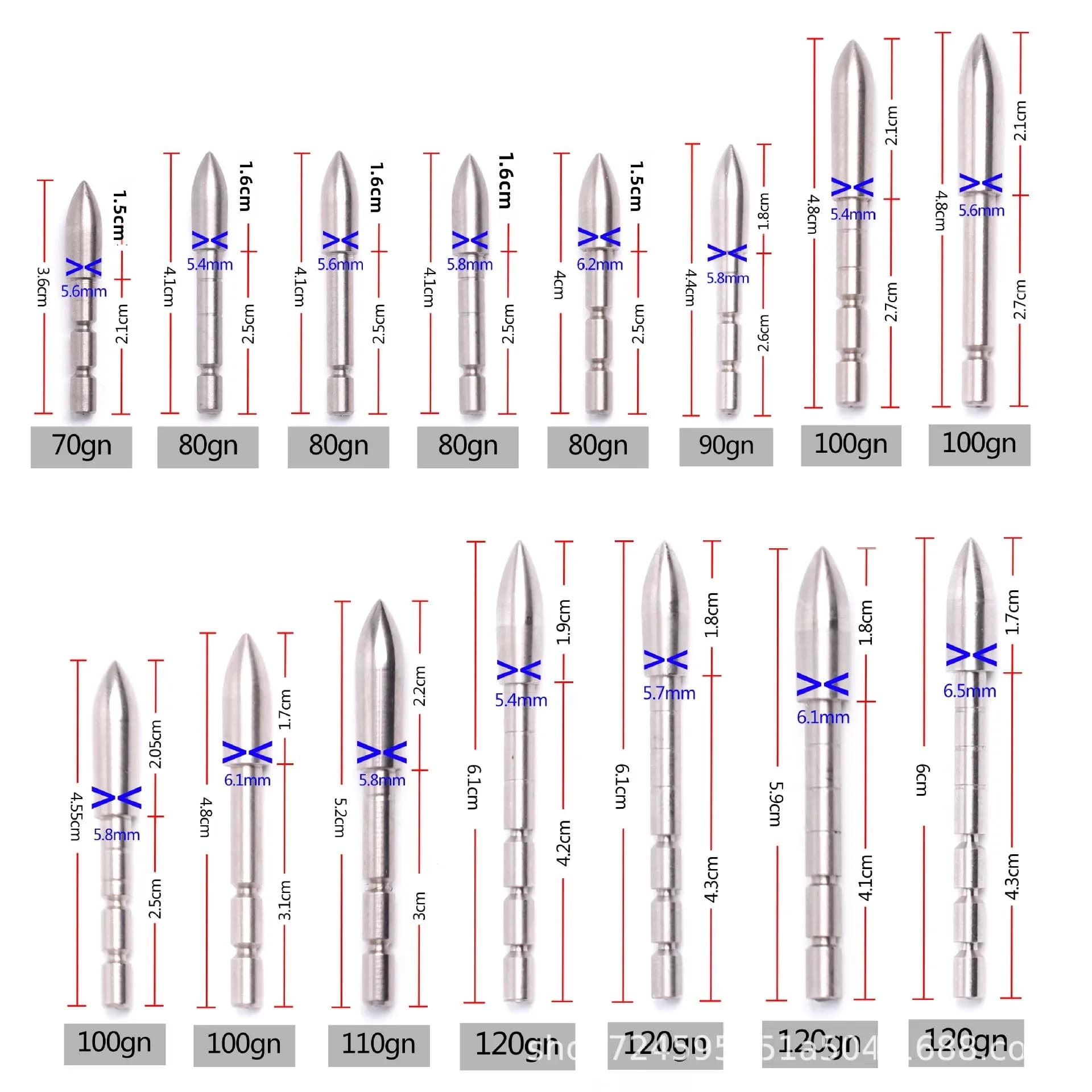 10P70/80/90/100/120gr Arrowhead for ID4.2mm OD5.2/5.4/5.6/5.8/6.1/6.2/6.5mm Arrow Shaft Target Arrow Point Archery Shooting Tips