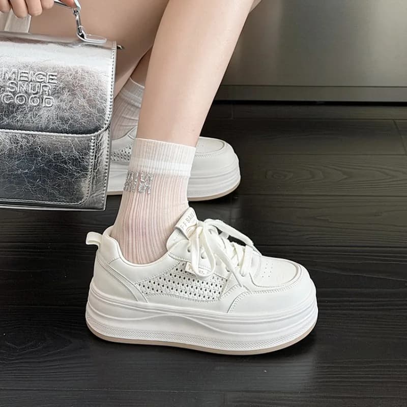 Mesh Breathable White Sneakers Unisex Thick Sole Lightweight Non Slip Wear Resistant Daily Outdoor Street Casual Walking Comfort
