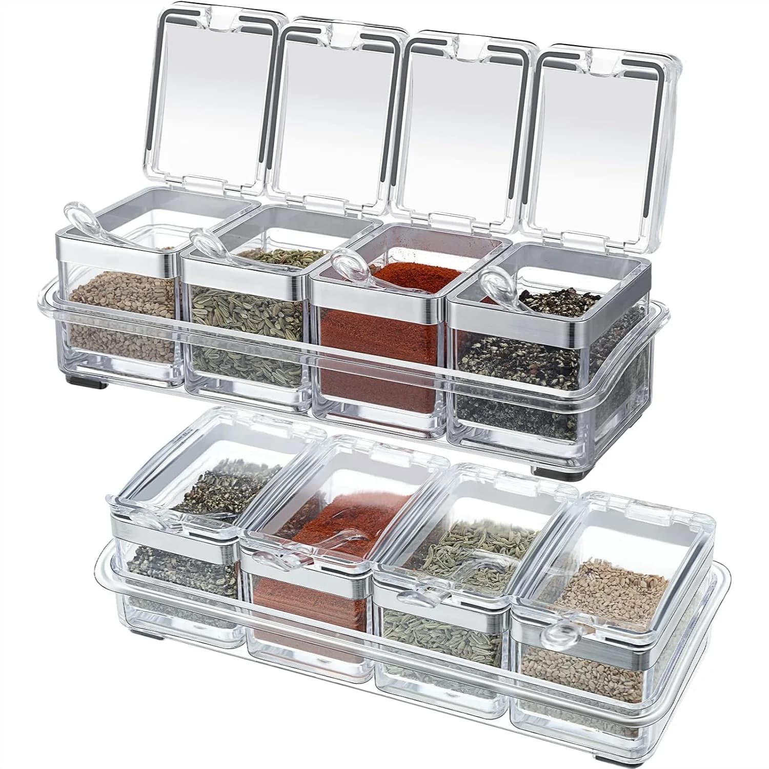 Acrylic Seasoning Organizer Box Set 10x4x3.2in with 8 Clear Spice Jars and Lids for Kitchen Storage
