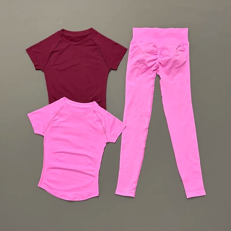 2 pezzi HISTELLO Set sportivi alla moda per fitness da donna, top a maniche corte, pantaloni lunghi, elasticizzati, traspiranti, per corsa, jogging, abbigliamento sportivo