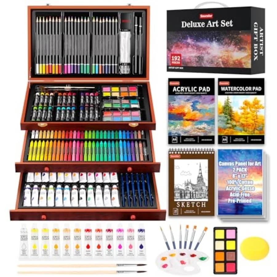 Art Supplies, 192-Pack Deluxe Art Set Drawing Painting Supplies Kit with Acrylic Pad, Watercolor Pad, Sketch Book, Canvases, Ac