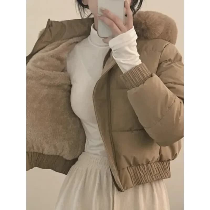 Corea del Sud Chic autunno e inverno collo di pelliccia cappuccio corto piumino moda donna spessa calda foderata in pile giacca imbottita di cotone...