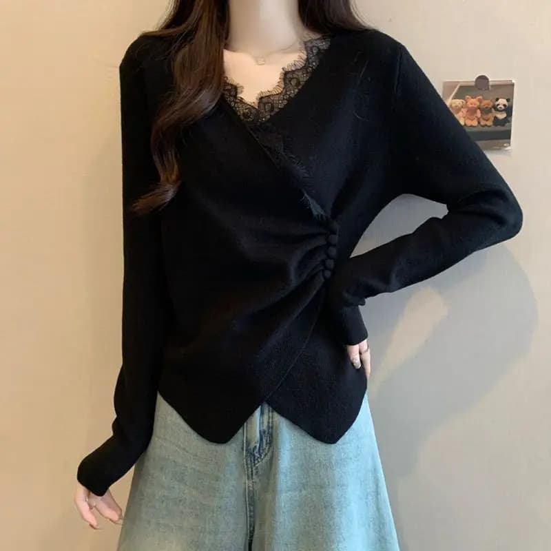 Top a maniche lunghe con scollo a V in pile termico per donna Camicetta casual calda incrociata asimmetrica patchwork in pizzo Autunno Inverno