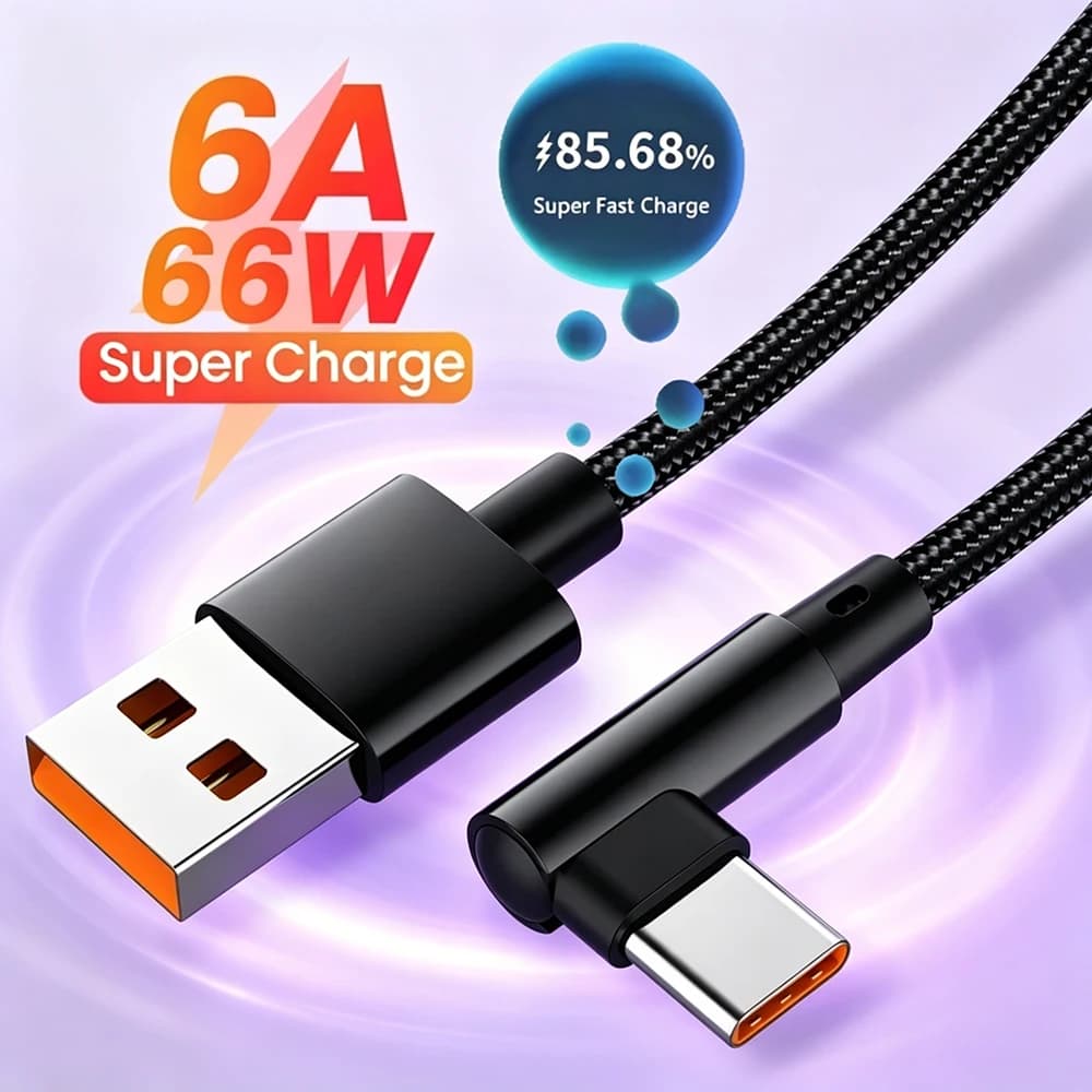 Cavo USB-C a gomito a 90 gradi 6A 66W per ricarica rapida e trasferimento dati, compatibile con Huawei Mate 40 50 Samsung Xiaomi