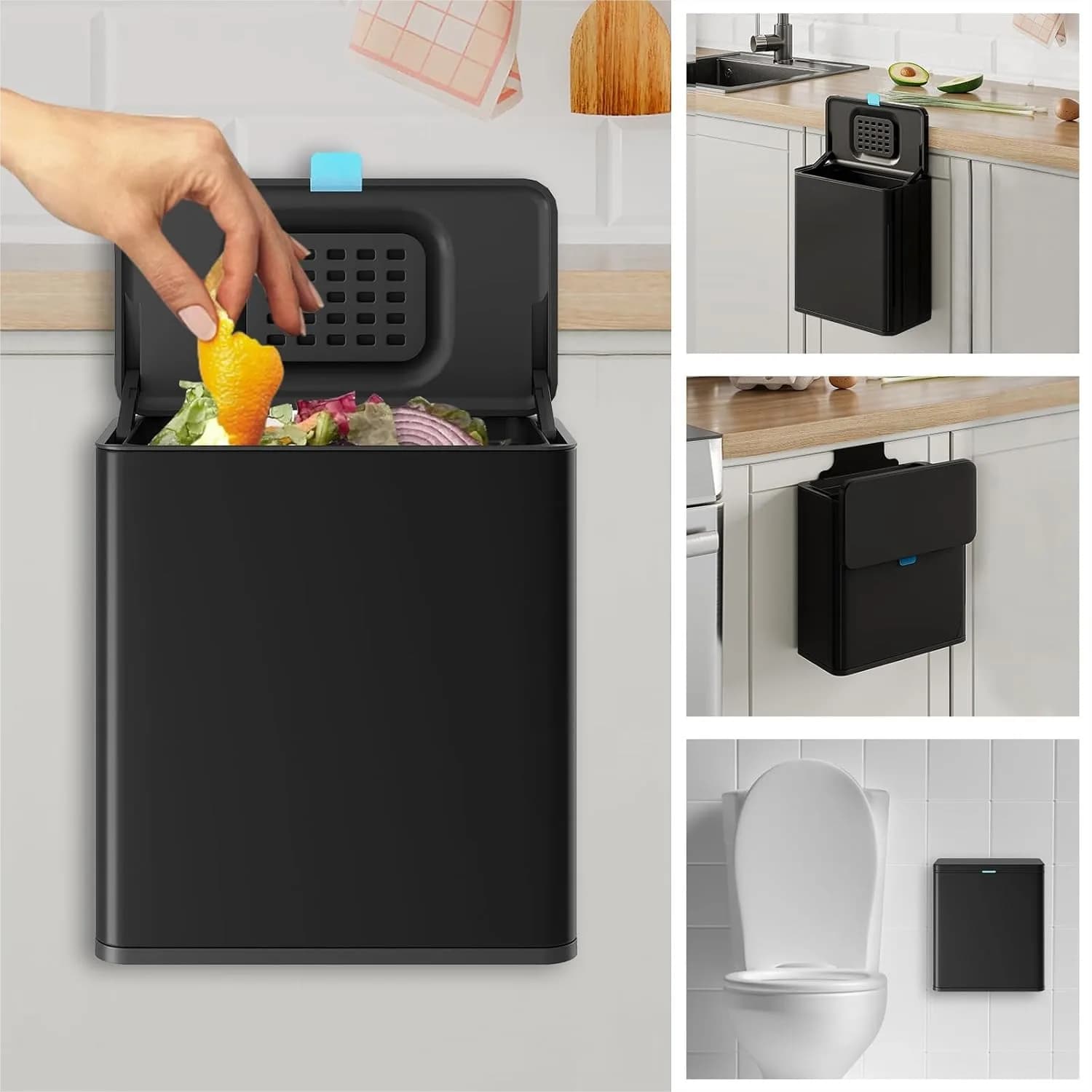 Cestino per Rifiuti in Acciaio Inox con Coperchio e Secchio Interno, Contenitore per Compost da 2 Galloni per Piano di Lavoro, Sotto Lavello o a Parete