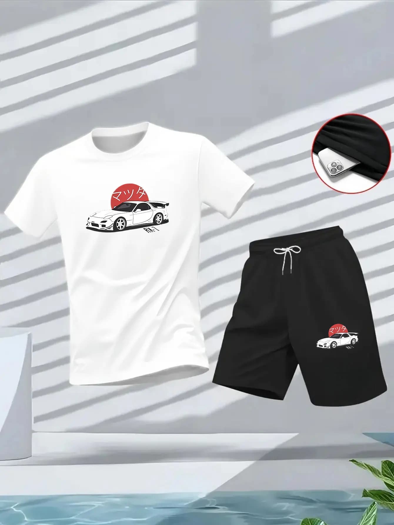 New T-shirt Set Car Top Men's Manga Printed Summer Casual T-shirt Shorts Set European Size Japanese Unisex Harajuku