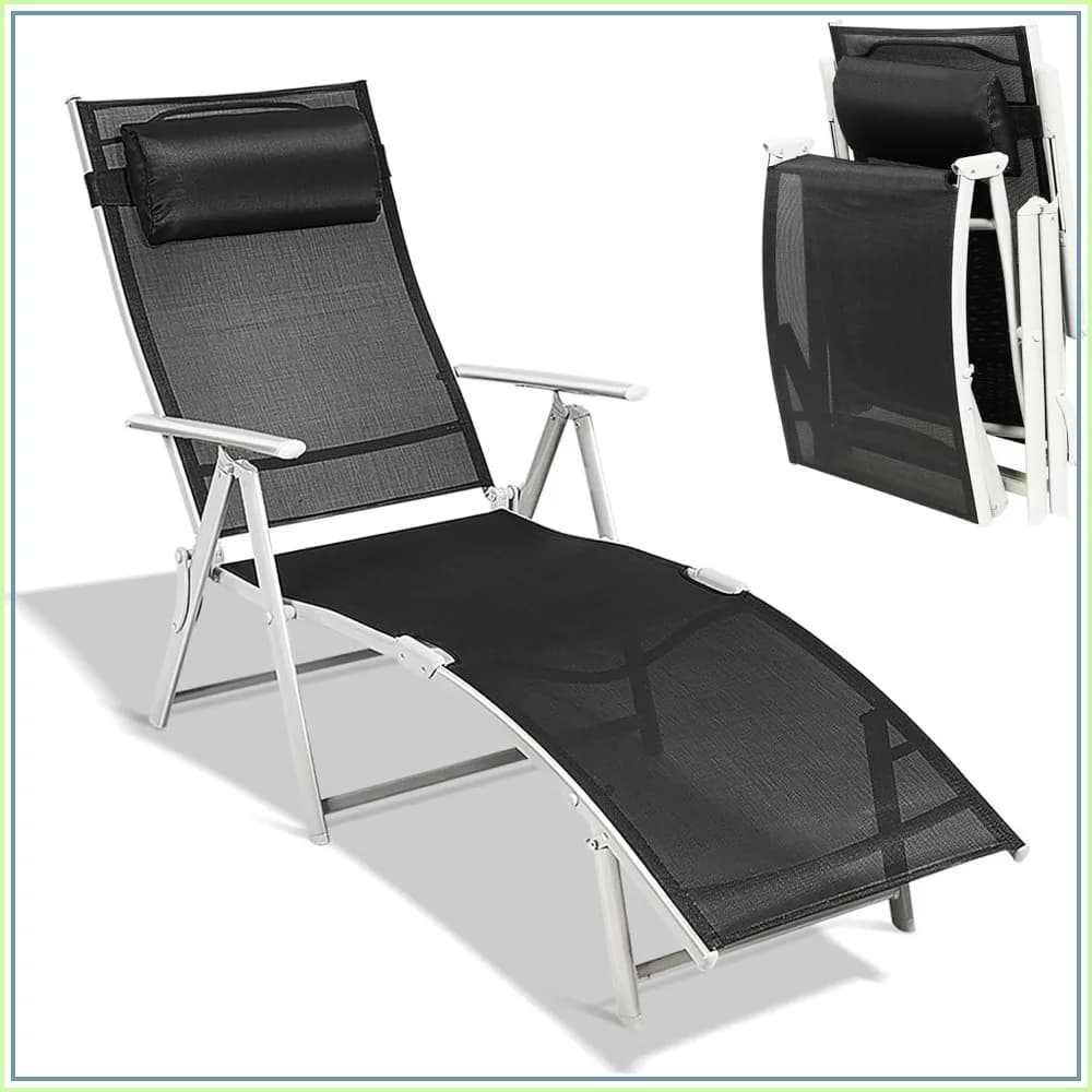 Folding Chaise Lounge Chair with 7-Position Reclining Backrest, Removable Cushion & Headrest, Heavy-Duty Steel Frame, Portable Patio Lounger for Pool, Beach, Garden (Black)