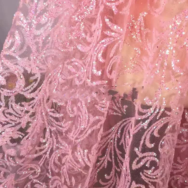 Tessuto di lusso con paillettes floreali trasparenti, abiti da palcoscenico, costumi da spettacolo, materiale per finiture in pizzo ricamato con stampa a caldo