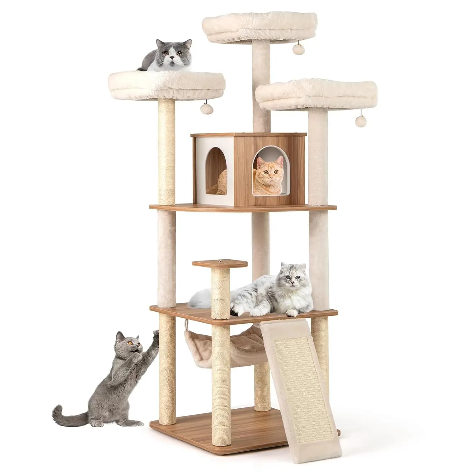 Albero per Gatti Alto, 173 cm, Torre Moderna in Legno con Tiragraffi in Sisal, 3 Posizioni di Sosta Imbottite, Cuccia, Scala 2-in-1, Personalizzabile