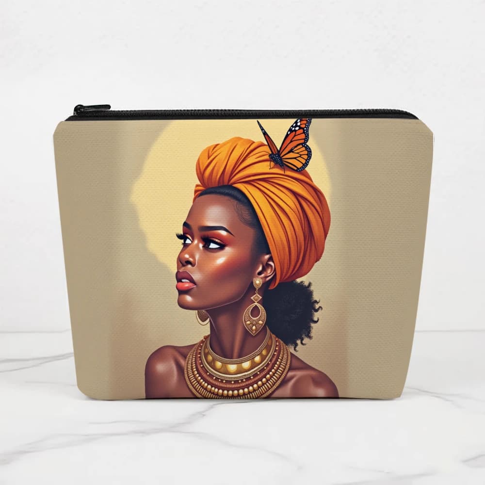 Borsa per cosmetici da viaggio con donna africana con turbante arancione e trucco a forma di farfalla, per ragazze, astuccio per cosmetici, borsa da toilette, astuccio per matite