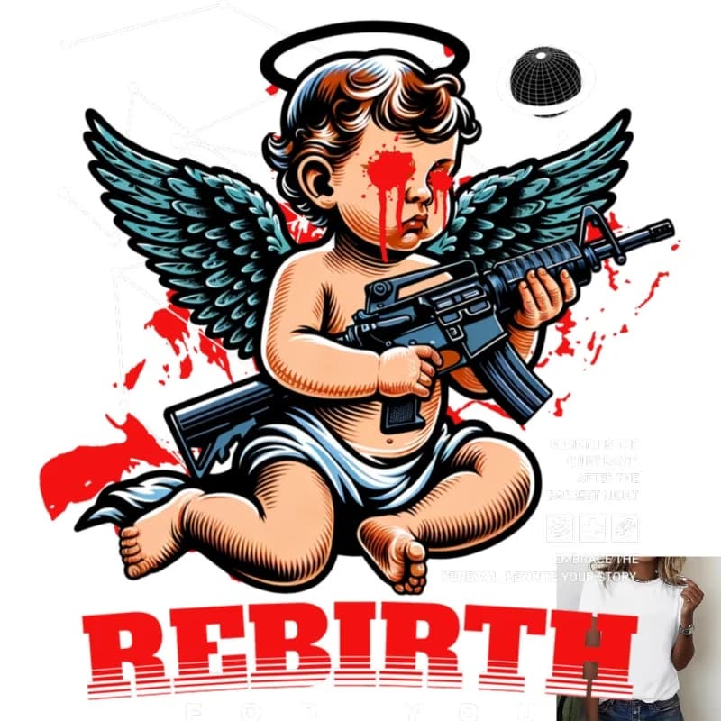 Dark Style Angel with Gun & Bloody Tears Heat Transfer White Ink Iron - on Patch, Edgy Streetwear, for T - shirts, Canvas Bags