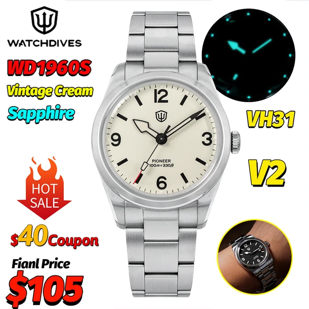 Watchdives WD1960S V2 Vintage Cream 36Mm Orologio al quarzo da uomo VH31 Sweep Bubble Sapphire 10ATM Orologio da polso luminoso in acciaio inossidabile