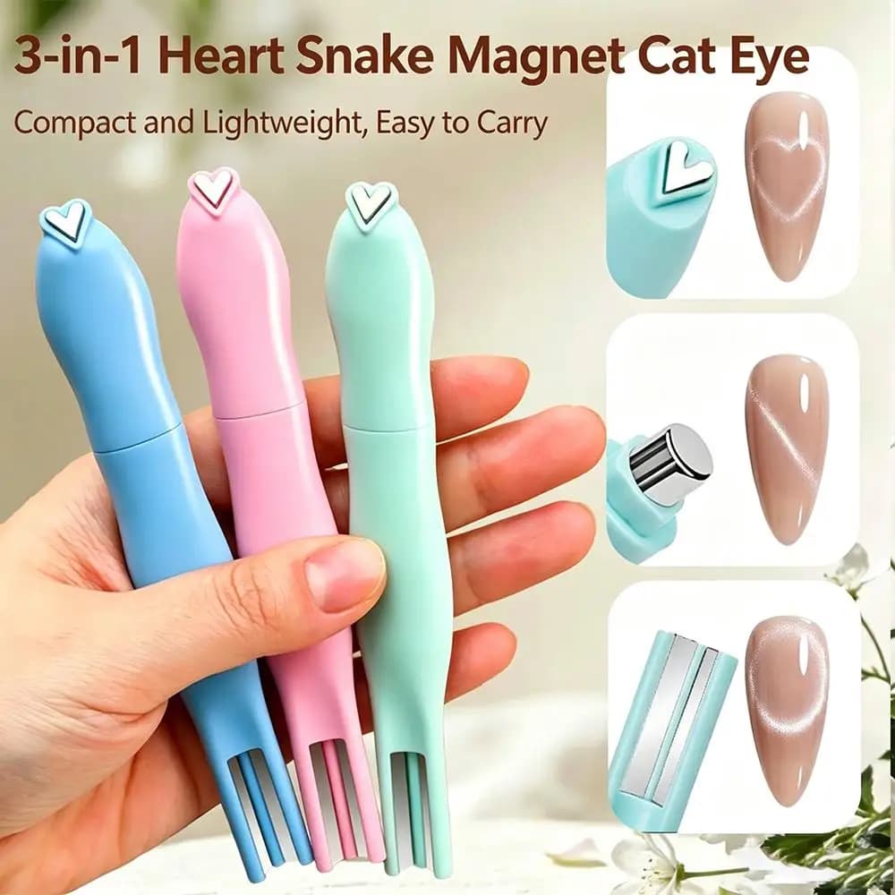 1 Pezzo Penna Magnetica 3 in 1 Staccabile per Unghie Effetto Occhio di Gatto, Magneti per Nail Art con Motivi Serpente, Cuore e French, Strumento per Smalto Gel Magnetico
