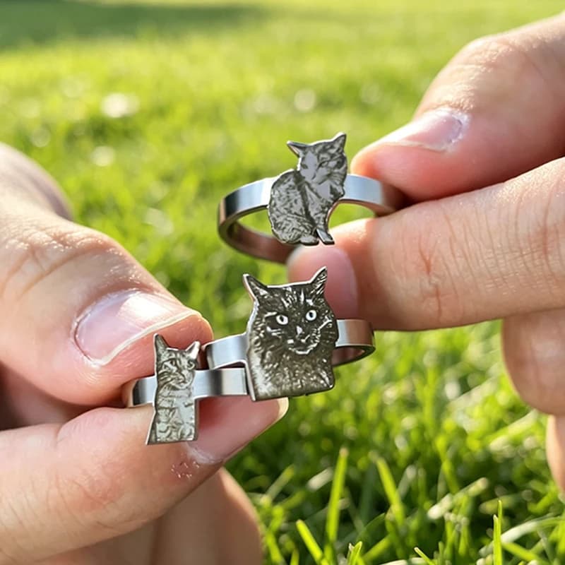 Personalized Pet Cat Dog Photo Opened Rings Laser Engraved Name Portrait Custom Finger Ring Stainless Steel Woman Man Jewelry