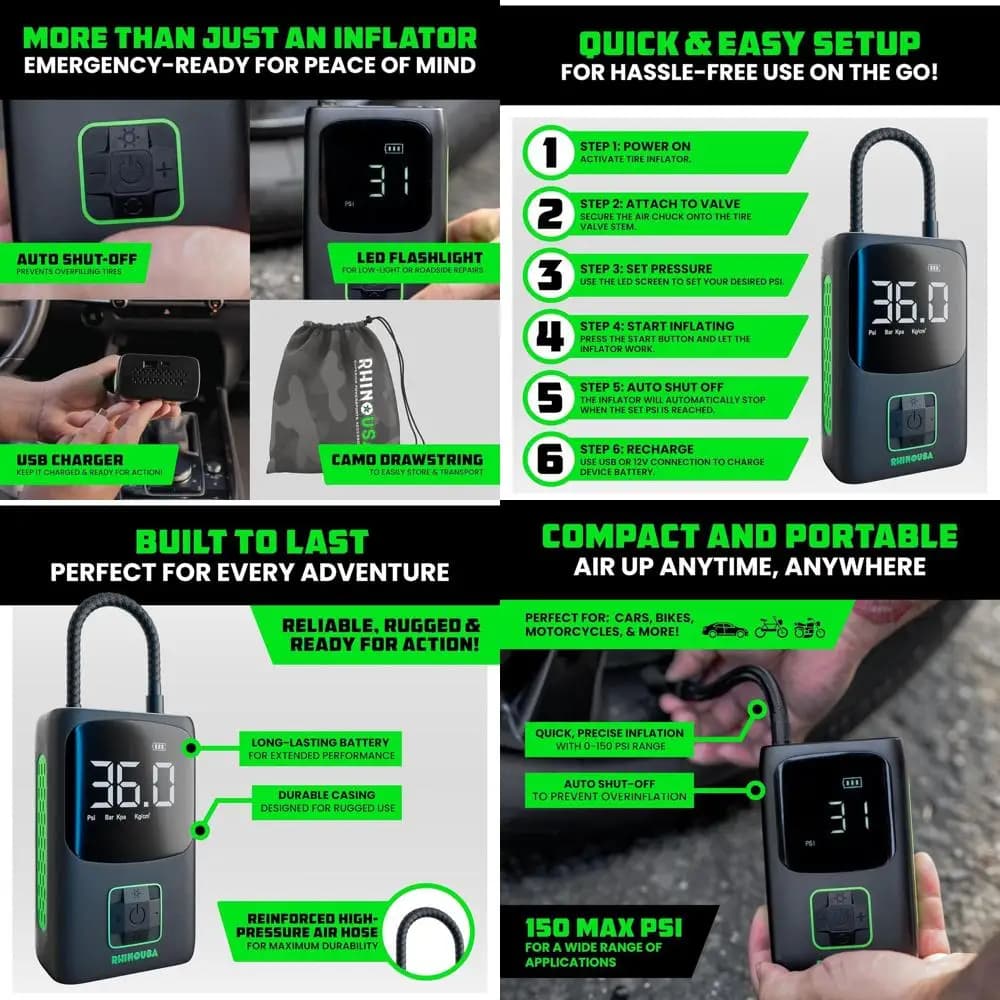 Compressore d'aria portatile da 150 PSI con manometro digitale - Mini pompa aggiornata per pneumatici per auto e bici in display LCD nero e verde