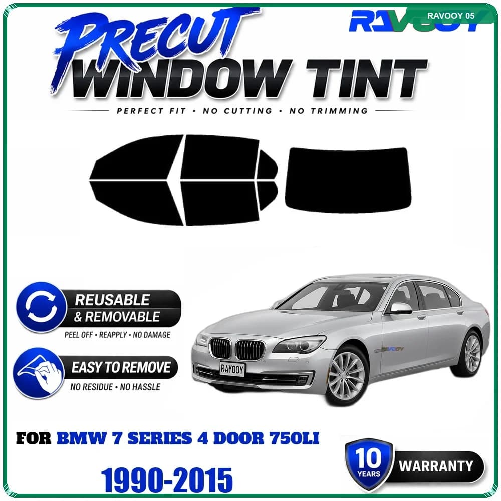 RAVOOY Precut Window Tint, Reusable Removable EPU Film, Custom Fit for Bmw 7 Series 4 Door 750Li 1990-2015, UV Heat Protection