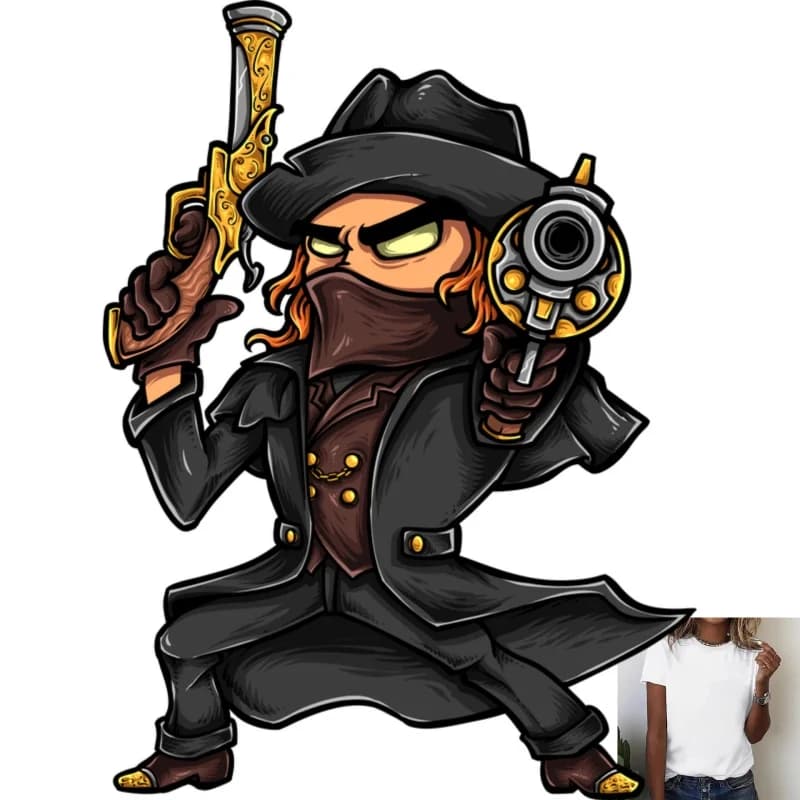 Western Cowboy Double - Gun Cartoon Heat - Transfer White Ink Iron - on Transfer, Trendy Personalized T - shirt & Clothing