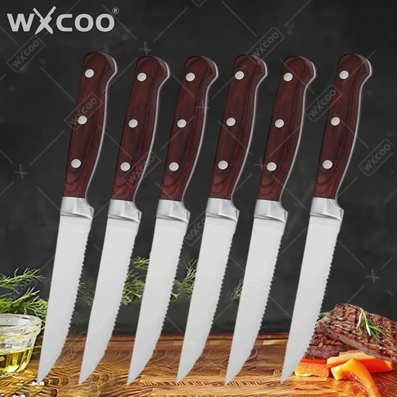 WXCOO Professional Serrated Meat Beef Slicing Knife Wooden Handle Multi-functional Kitchen Steak Knife for Restaurants Dinner
