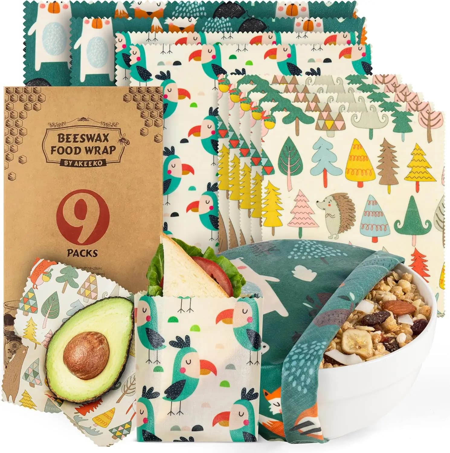 Involucri per Alimenti Riutilizzabili in Cera d'Api - Confezione da 9 Pezzi Assortiti, Contenitori per Alimenti Senza Plastica con Motivo Animali della Foresta