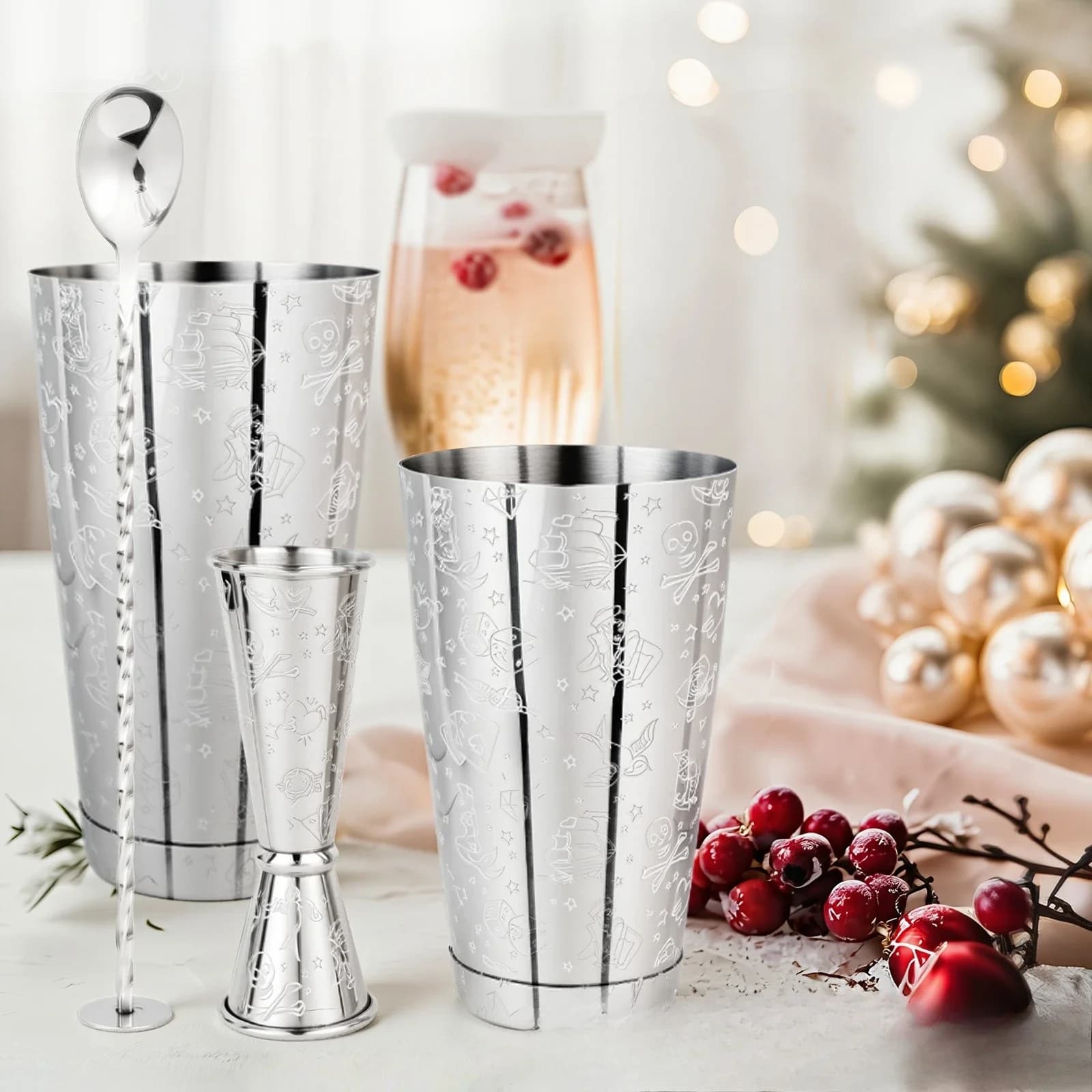 Set Cocktail in Acciaio Inox con Shaker Inciso, Bicchiere e Accessori da Bar