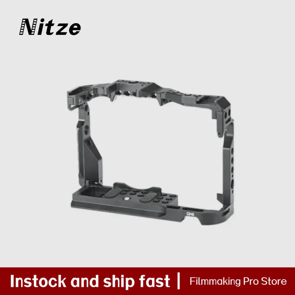 Panasonic Lumix GH6 camera Nitze cage with HDMI cable clamp, integrated NATO rail and Arca Swiss QR plate