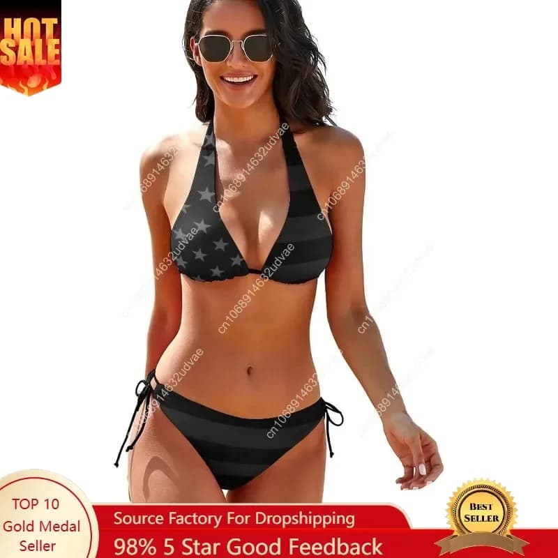 Women's American Flag Halter Triangle Tie Side Bikini Set Two Piece Swimsuits