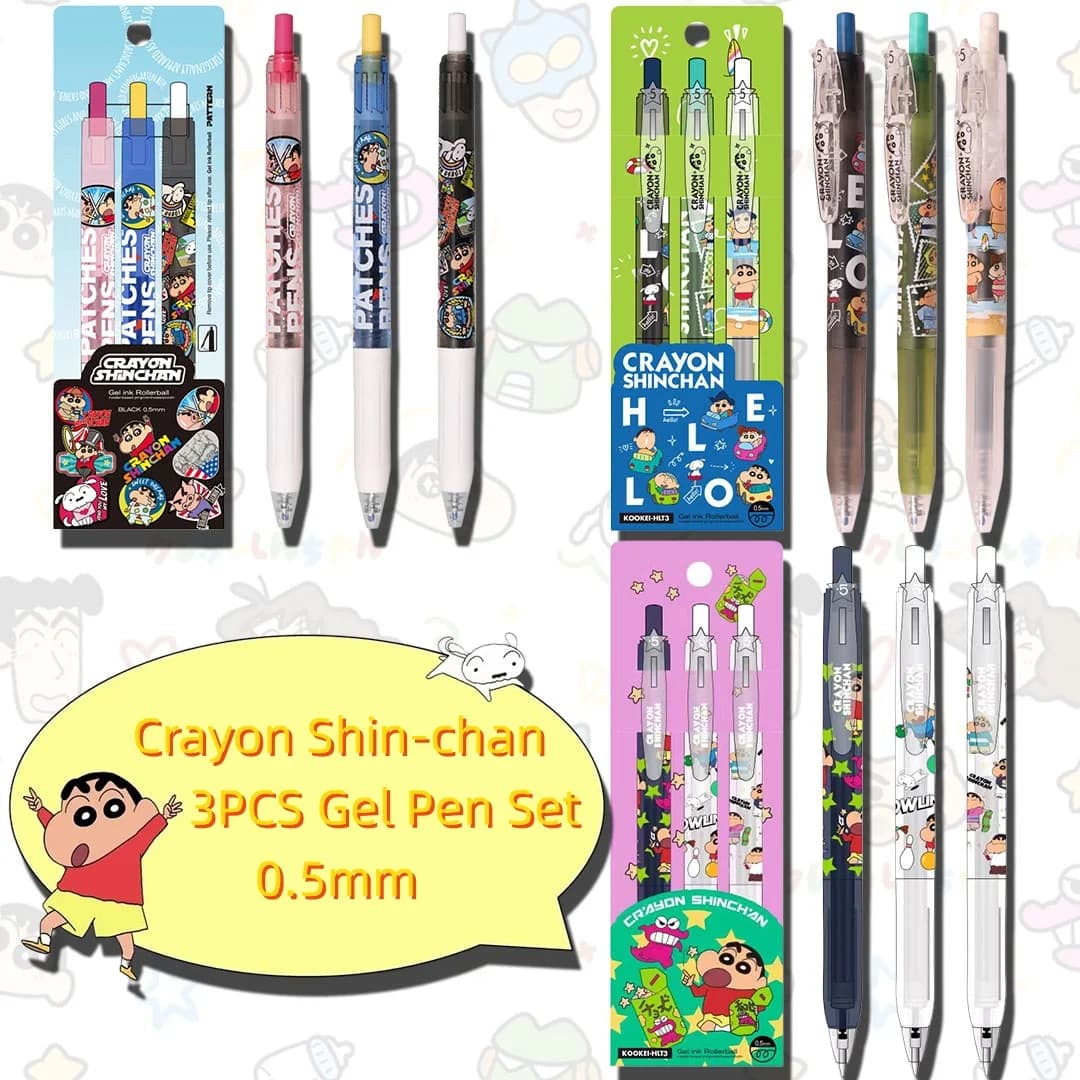 Set di 3 Penne Gel Crayon Shin-chan - Penne Anime Retrattili Nere da 0,5mm, Regalo Ideale per il Ritorno a Scuola per i Fan