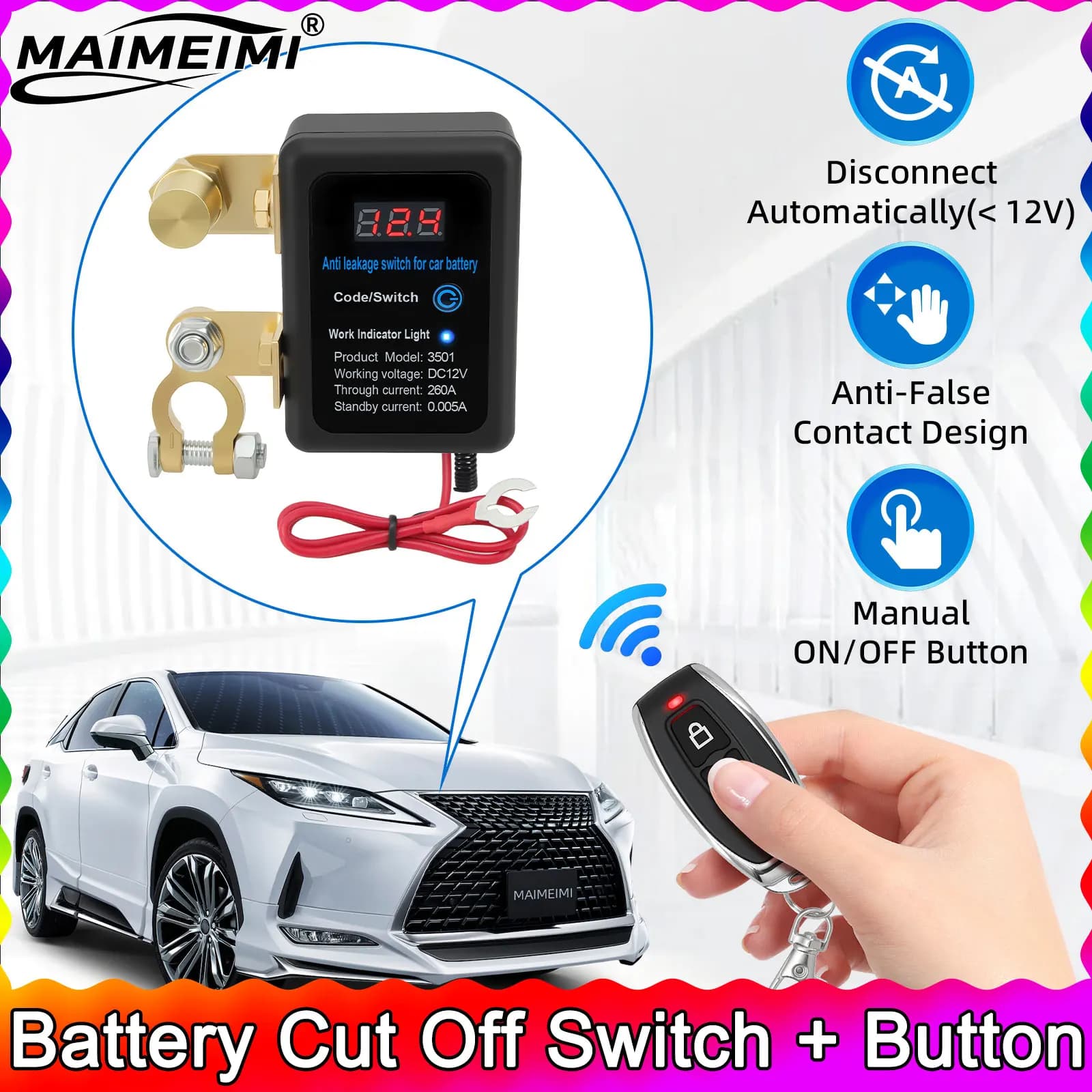 Interruttore di interruzione batteria remota + pulsante di controllo remoto DC 12V 260A Interruttore di spegnimento automatico Interruttore di disconnessione per SUV per auto