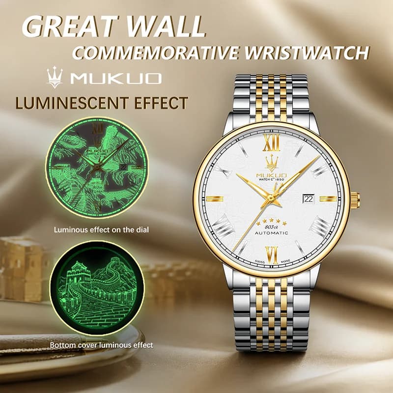 MUKUO Orologio da Polso di Lusso da Uomo al Quarzo con Quadrante Luminoso Great Wall, in Acciaio Inossidabile 316L, Impermeabile, Elegante e Casual