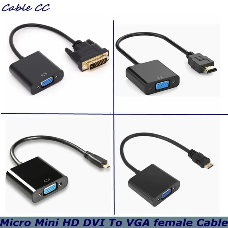 Micro Mini HDMI Converter to VGA female HD 1080P DVI24 + 1, with 3.5 mm audio jack USB Micro power supply, For laptop, PC, TV,