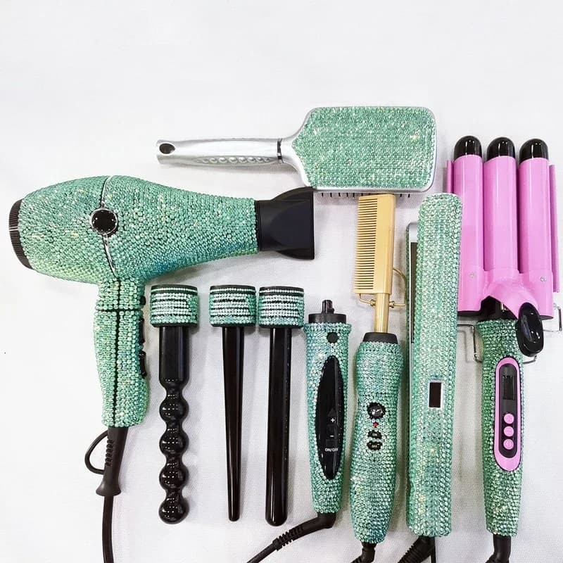 Vendita calda Set di strumenti per attrezzature per saloni di lusso Set di asciugacapelli personalizzato in ferro piatto con strass scintillanti e set di arricciacapelli intercambiabili
