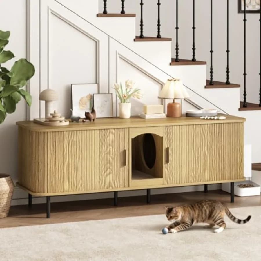 Mobiletto per lettiera doppia per gatti, grande, nascosto, con lettiera integrata e tappetino antigraffio, casetta in legno per 2 gatti da interno