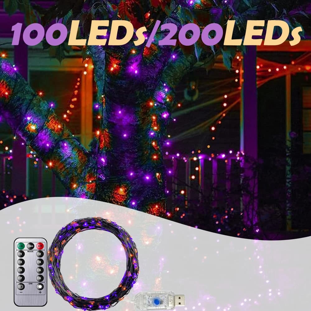 Luci della stringa da 100/200 LED Luci di Halloween arancioni e viola 8 modalità Luci fiabesche per la luce di Halloween del partito del balcone del giardino esterno