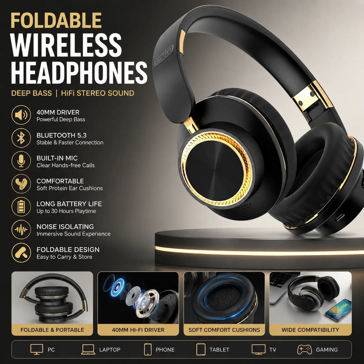 Cuffie Bluetooth wireless pieghevoli over-ear con bassi potenti, stereo con driver da 40 mm, audio HiFi, microfono integrato, cuffie da gioco, bassi profondi, isolamento dal rumore, comodi cuscinetti auricolari, lunga durata della batteria, design ergonomico per PC, telefono, laptop