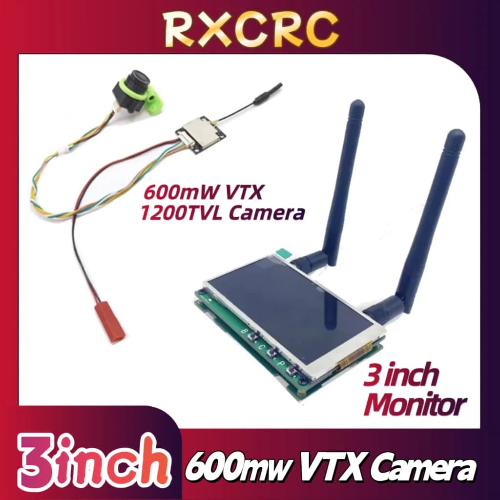 VTX RXCRC 5.8G 600mW 1200TVL 2.5 mm FPV Monitor camera with dual 3-inch antenna for long-range RC FPV fixed-wing drones.