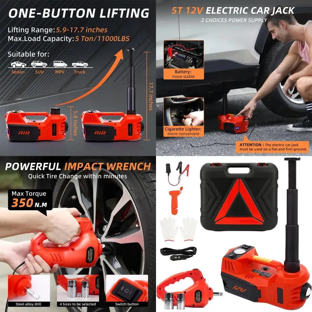 Kit cric per auto elettrica da 12 V a 5 tonnellate con avvitatore a percussione, gonfiatore per pneumatici e luce a LED per modifiche di emergenza su strada