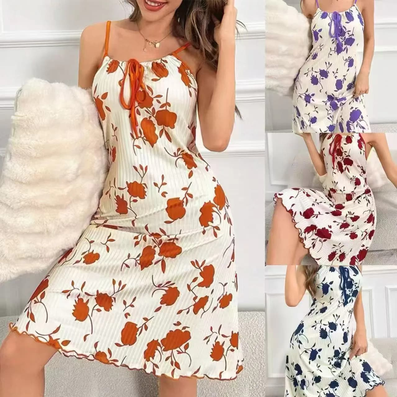 Cross-border Hot Women Printed Cami Nightdress, Casual Home Loungewear Dress, Front Tie Sleeveless Ladies Slip Dress