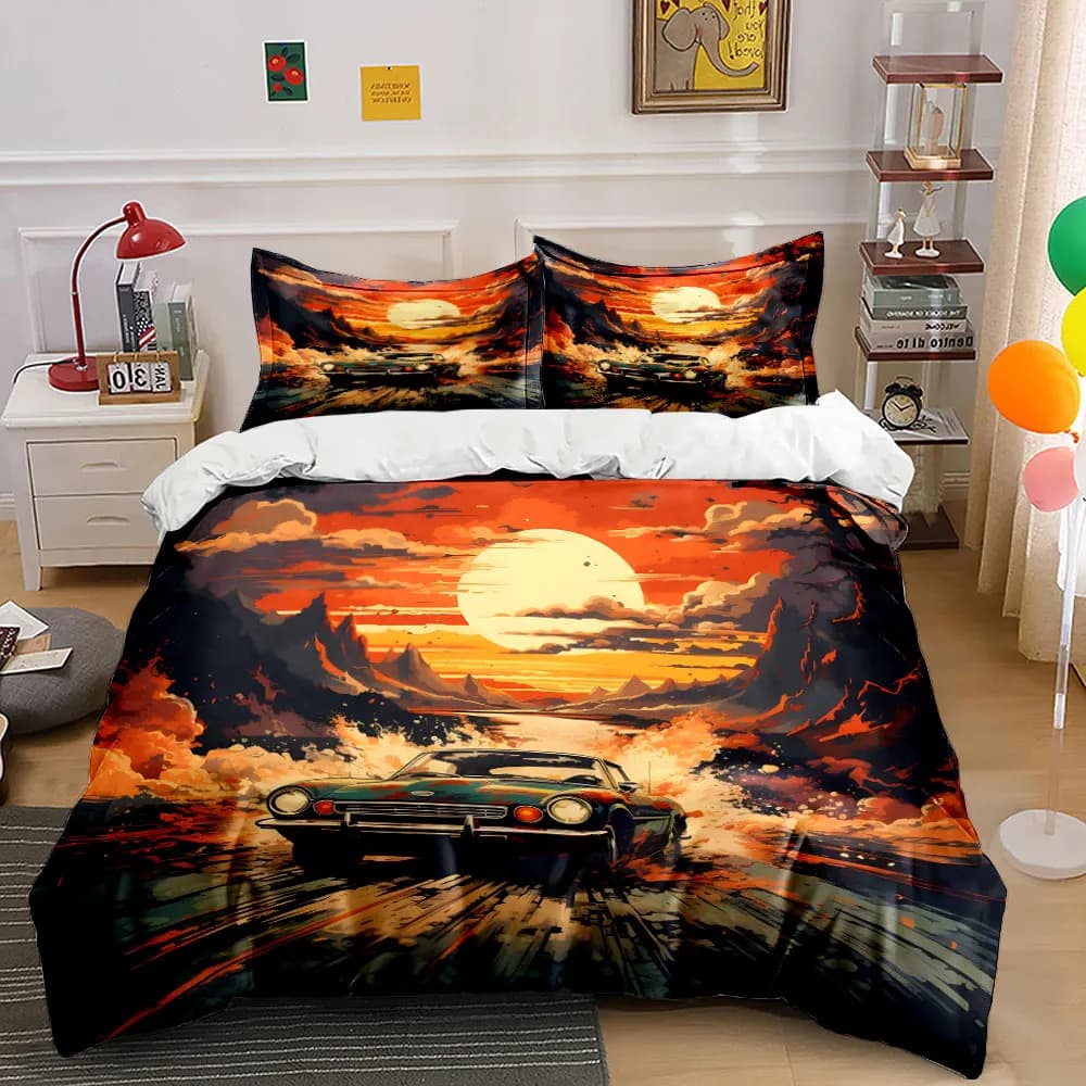 Set di biancheria da letto con stampa di auto da corsa d'epoca sotto il tramonto, 1 copripiumino, 2 federe per adulti e bambini, regalo di lusso, misura completa
