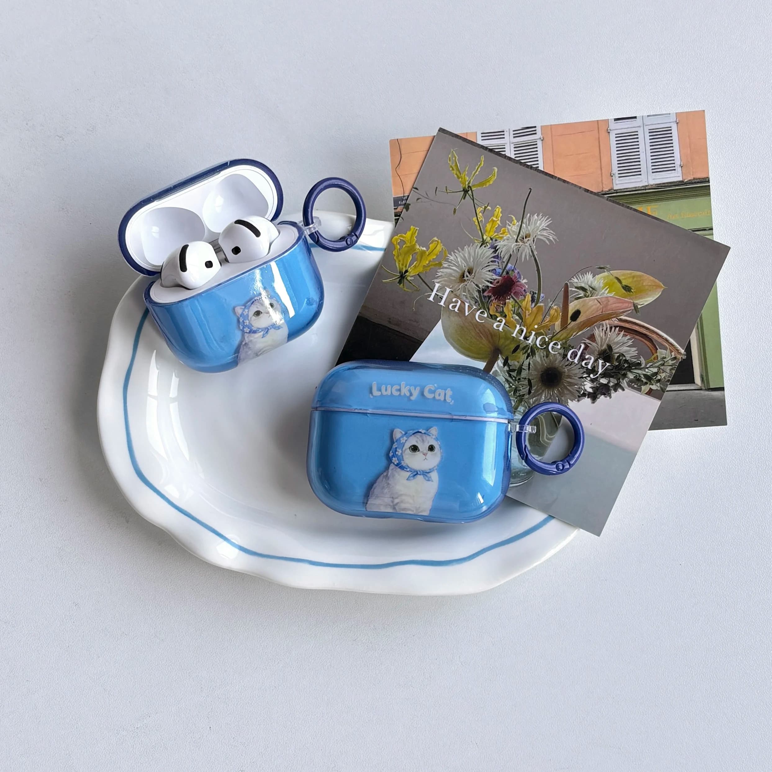 Retro Floral Headscarf White Cat Letter Pattern Transparent Blue Cover Case For AirPods 1 2 3 4 Pro Pro2 Pro3 with Ring