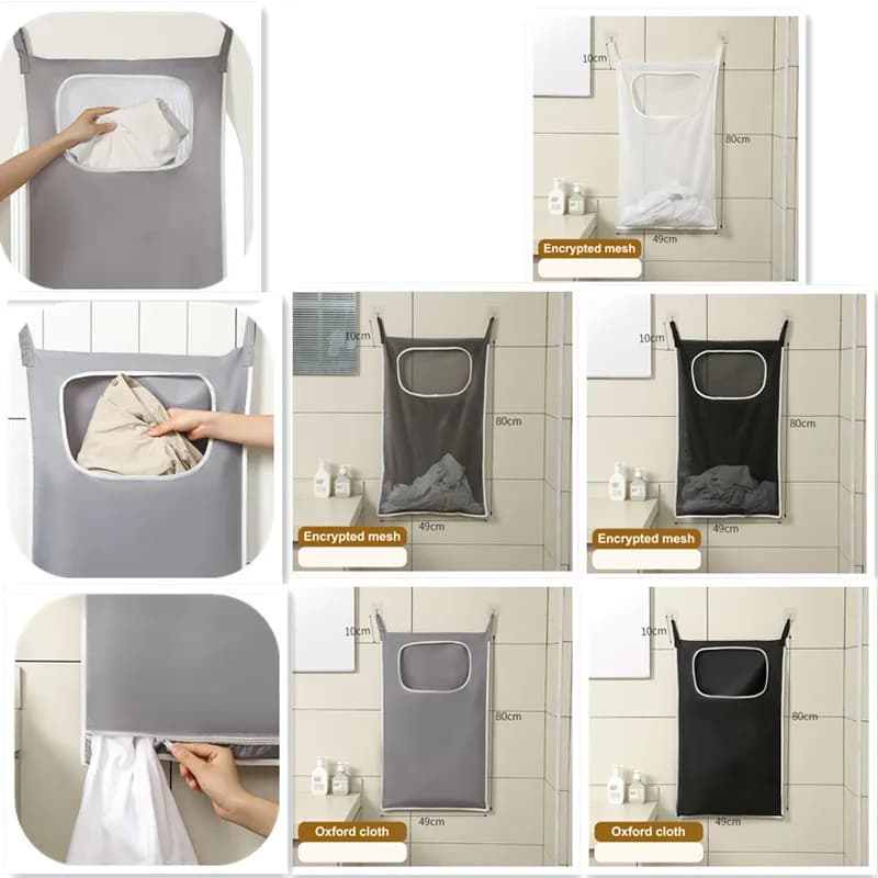 Hanging laundry basket on the door, wall mounted dirty clothes box, various items for the house