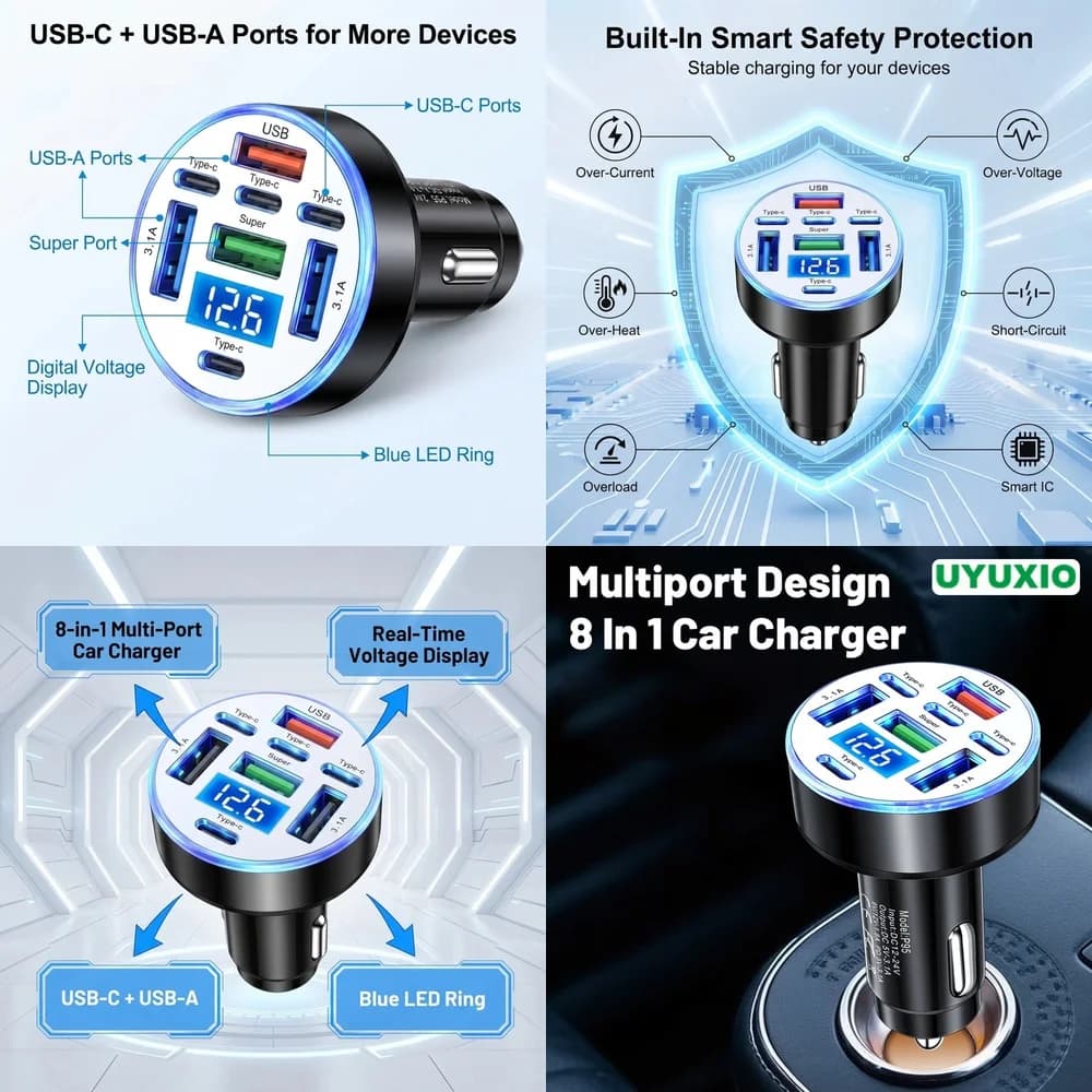 Professional 8 in 1 Multi Port Car Adapter for iPhone 16 Pro Max Samsung S26 Ultra iPad with Digital Voltage Display Gear