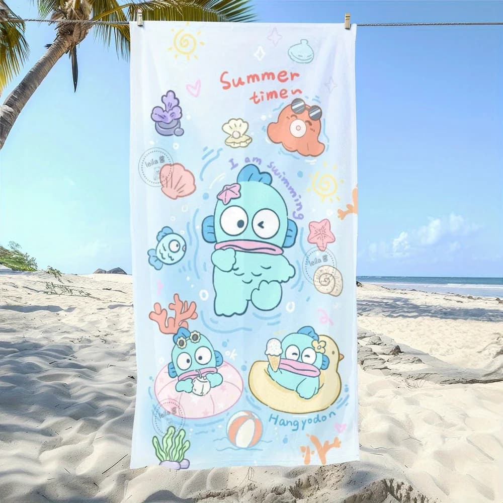 Asciugamano da spiaggia Kawaii Hangyodon con design avventura subacquea, asciugamano leggero e assorbente per spiaggia, piscina, bagno, viaggi