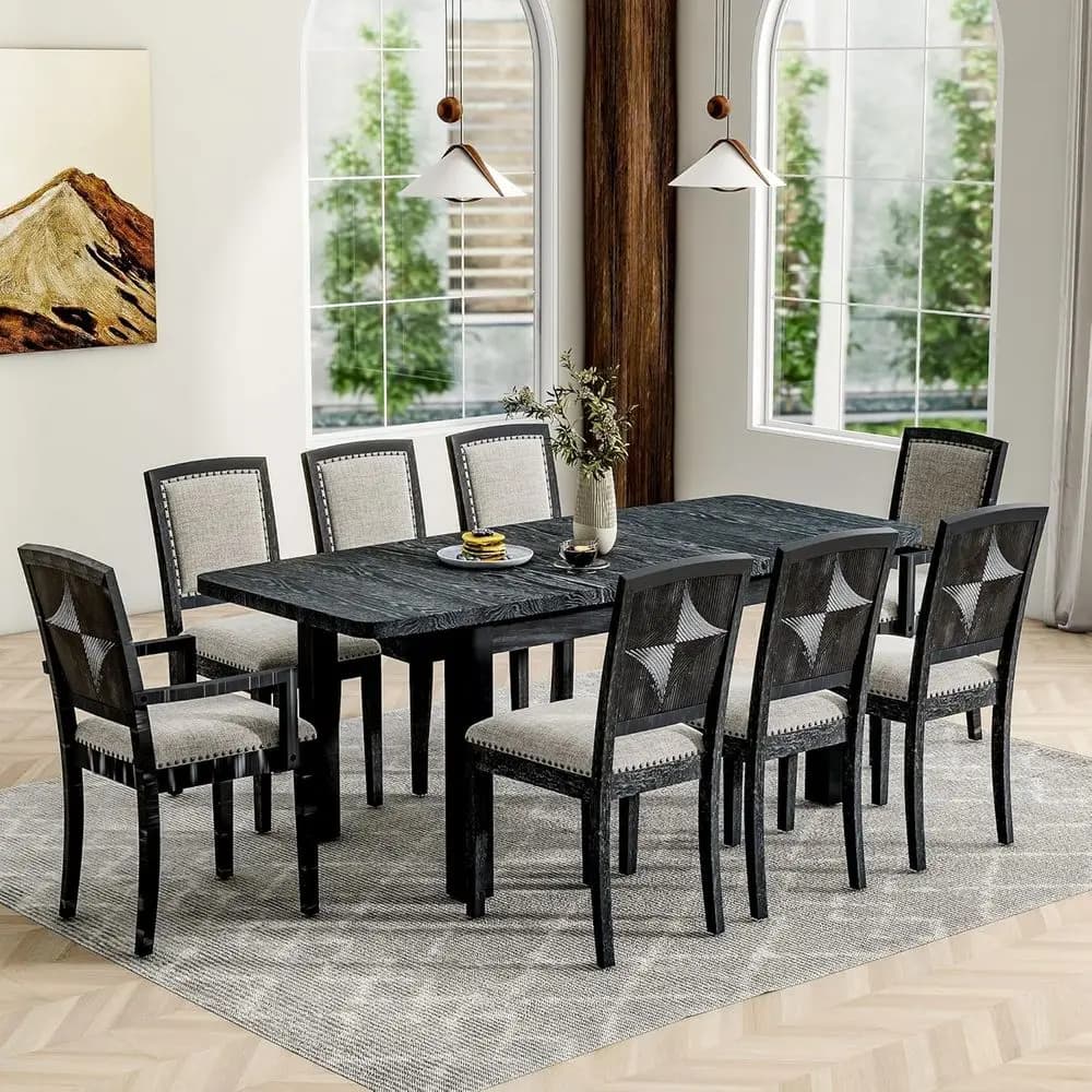 Tavolo da pranzo rustico 84 con piano allungabile da 24 pollici, 6 sedie imbottite e 2 poltroncine imbottite, cuscini neri/grigi