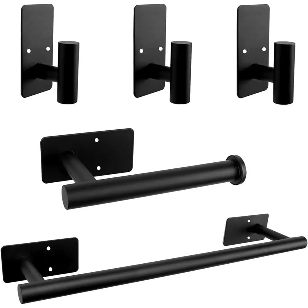Matte Black 5-Piece Stainless Steel Bathroom Hardware Set: 16 Towel Bar, Toilet Paper Holder, 3 Hooks
