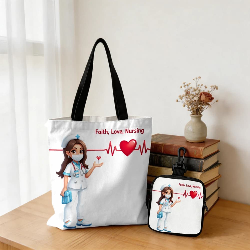 Cute Nurse In Scrubs Heartbeat ECG Tote Bag and Mini Zipper Pouch - Nurse Life Quote Graphic Handbag Combo for Nurse Daily Use